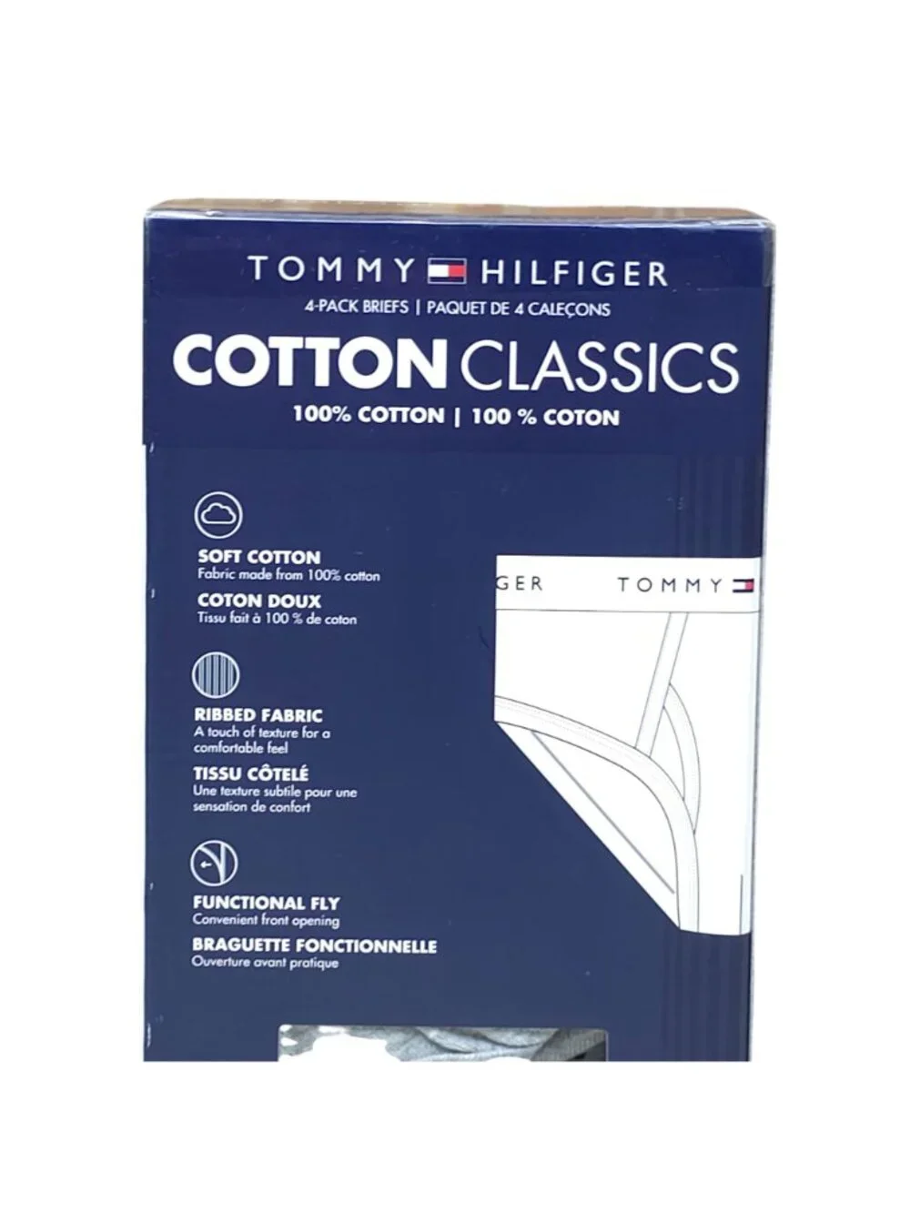Tommy Hilfiger Mens Cotton Classics 4-Pack Briefs M 100% Cotton White & Grey